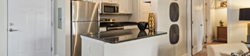 Ashland Farms Apartments Kitchen with Modern Lighting, Eat-in Counter, and Stainless Appliances