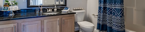 a bathroom with a blue shower curtain and a toilet