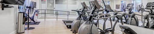 a gym with rows of exercise bikes on a wooden floor