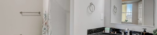 a bathroom with a sink and a shower and a mirror
