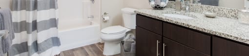 A bathroom with a toilet, sink, and shower.