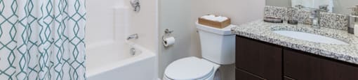 A bathroom with a toilet, sink, and shower.
