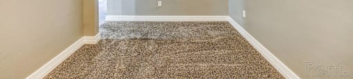 A room with a carpeted floor and a window.