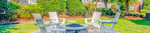 A backyard with a fire pit and chairs.