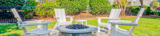 A fire pit surrounded by white chairs in a backyard.
