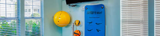 A Smart Mat with exercise balls and a television in a room.