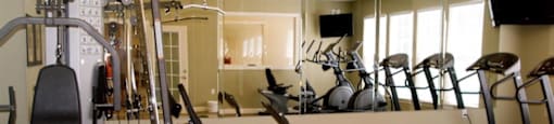 A gym with a blue ball, treadmills, and exercise equipment.