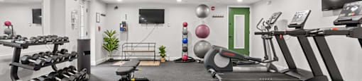 A gym with treadmills, exercise balls, and weights.