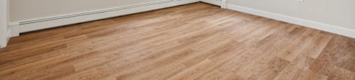 A room with wooden floors and two windows.