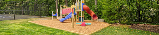 A playground with a red slide and a blue slide.