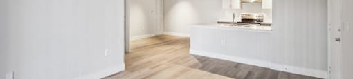 A room with a white wall and a wooden floor.