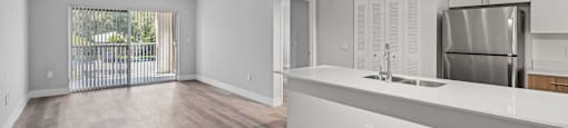 A kitchen with a refrigerator, sink, and wooden floors.