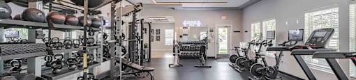 A spacious gym with treadmills, weights, and exercise equipment.