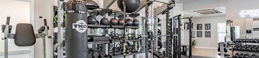 A gym with a punching bag and weights.