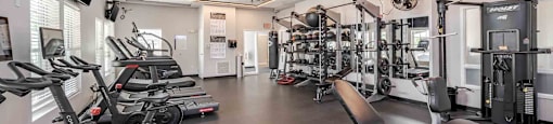 A gym with a variety of equipment including treadmills, weights, and exercise machines.