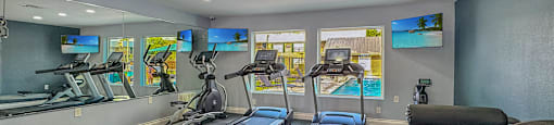 A gym with treadmills, exercise bikes, and a television.