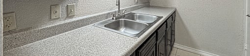 A kitchen with a sink and cabinets.