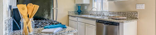 A kitchen with a granite countertop and stainless steel appliances.