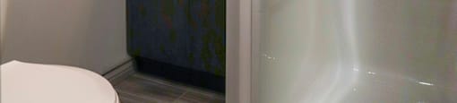 A white toilet sits next to a walk-in shower.
