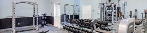 Full size gym with free weights at Town Walk at Hamden Hills, Hamden, CT, 06518