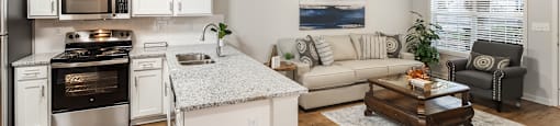 a living room with a kitchen and a couch