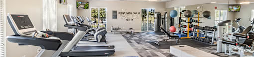 A gym with treadmills, weights, and exercise equipment.