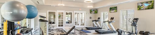 A spacious gym with a variety of exercise equipment and a treadmill.