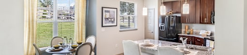 A kitchen with a dining table and chairs.