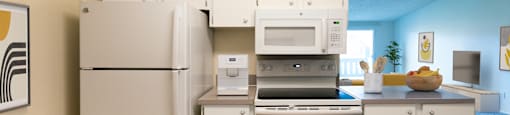a kitchen with white cabinets and appliances and a white refrigerator