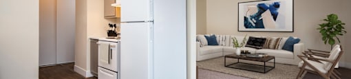 A white refrigerator stands in a living room with a couch and a coffee table.