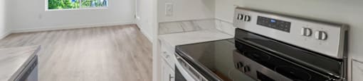 a kitchen with white cabinets and a black stove top oven