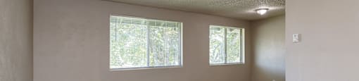 A room with a carpeted floor and two windows.