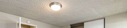 A room with a carpeted floor and a ceiling light.