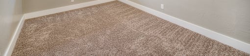 A room with a carpeted floor and a window with blinds.