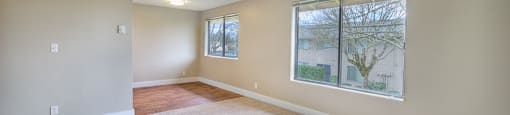 A room with a carpeted floor and a window showing a tree outside.