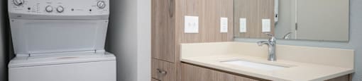 The Byway | #201 Large Primary Bathroom with Wood Cabinetry, Stackable Washer and Dryer