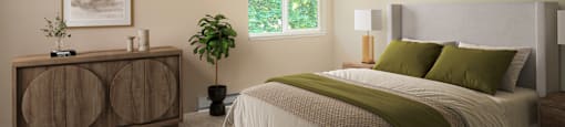 A bedroom with a bed, nightstand, and a window with a plant.