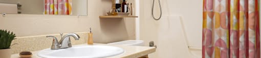 A bathroom with a sink, toilet, and shower.