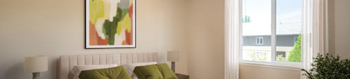A bedroom with a large bed and a painting on the wall.
