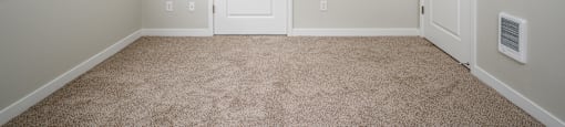 A room with a carpeted floor, two white doors, and a window with blinds.