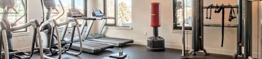 Gym with cardio equipment and a large window at Delo Apartments, Louisville, CO, 80027