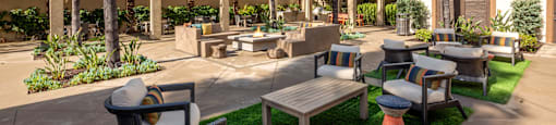 Courtyard patio with tables and chairs and palm trees
