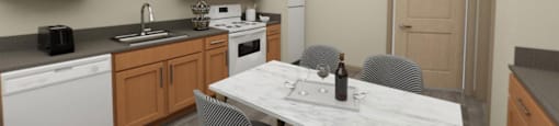 a kitchen with wooden cabinets and a marble table at The Aries at Bitter Lake Apartments, Washington
