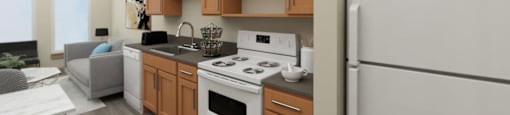 Kitchen with a white stove top oven next to a refrigerator at The Aries at Bitter Lake Apartments, Seattle, 98133