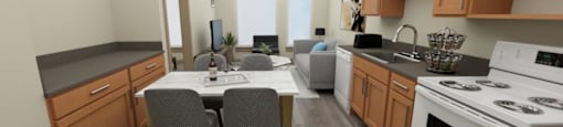 a kitchen and living room at The Aries at Bitter Lake Apartments, Seattle, WA