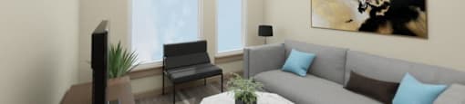 a living room with beige walls and a gray couch with blue pillows at The Aries at Bitter Lake Apartments, Washington