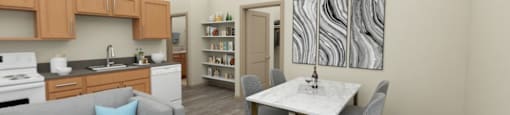 a dining area with a white table and chairs and a kitchen in the background at The Aries at Bitter Lake Apartments, Seattle, 98133