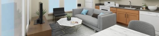 a living room with a couch and a coffee table in front of a kitchen with a sink at The Aries at Bitter Lake Apartments, Seattle