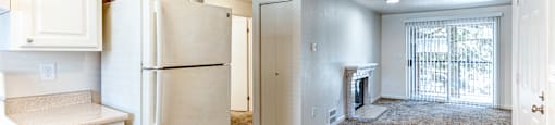 A kitchen with white appliances and wooden floors.