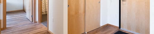 a hallway with two wooden closets at Arbora Court, Seattle, Washington